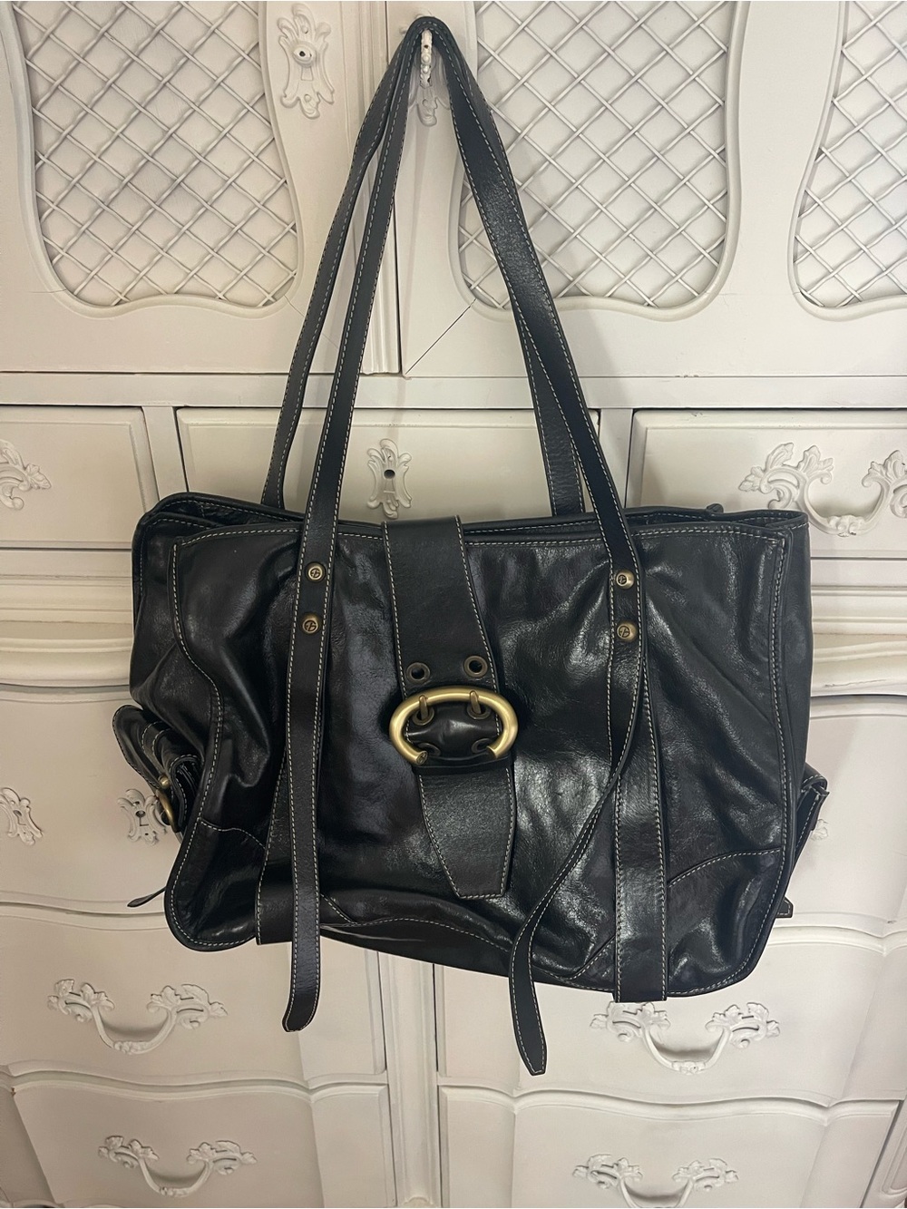 Francesco Biasia Black Leather Tote with Brass Ring Accent